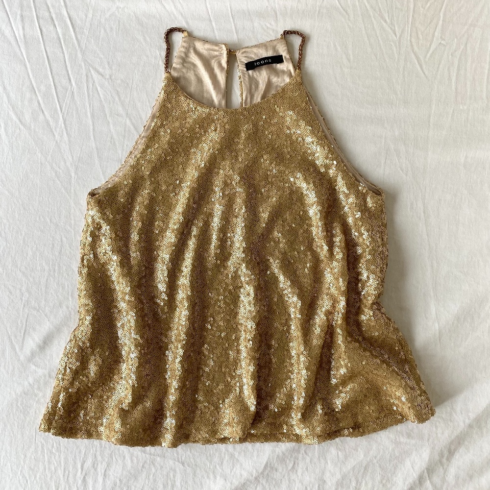 Y2K Gold Sequin Halter Top with Chain Straps